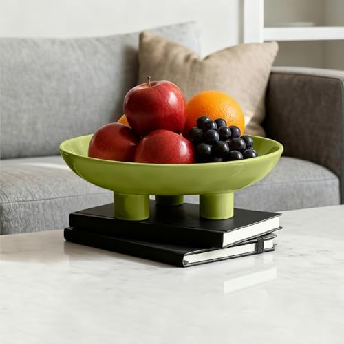 Three-Leg Ceramic Fruit Bowl, 10 Inch Oval Serving Dish for Kitchen Counter, Candy or Key Holder, Home Decor Accent Beige Green - Image 3