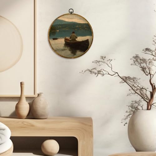 CUANFDDSF Vintage Fisherman Fishing Round Wall Art, Antique Fishing Framed Hanging Wall Decor, Rustic Farmhouse Fisherman Landscape Canvas Prints Decorations for Home Bedroom Living Room, 10x10 Inch - Image 2