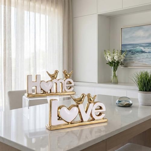 Love Sign Decor,Gold Room Decor Aesthetic, Knick Knack Shelf,Bird Decor, Boho Bookshelf,Abstract Statue,for Living Room,Bedroom, Contemporary Tv Stand Set of 2 (2, Gold White) - Image 2