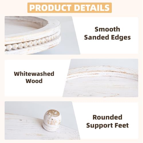 2 Piece Whitewashed Wooden Serving Tray Set with Beaded Design, Farmhouse Centerpiece Table Decorations, Round Coffee Table Tray for Living Room Home Decor, Ottoman Tray Decor for Rustic Styles - Image 6