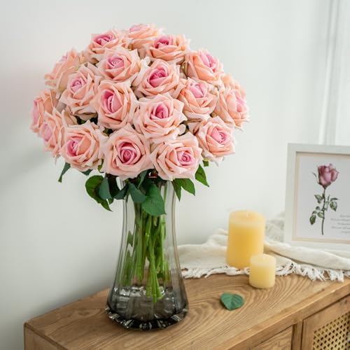 Ttranewsoo 24PCS Pink Artificial Flowers, Realistic Fake Roses with Stems for Bridal Shower, Baby Shower, Wedding Centerpieces, DIY Bouquets & Party Decor, 16.5 Inch - Image 3