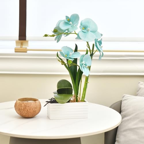 Artificial Real Touch Orchid Flowers with White Ceramic Vase, Golden Blue - Image 6