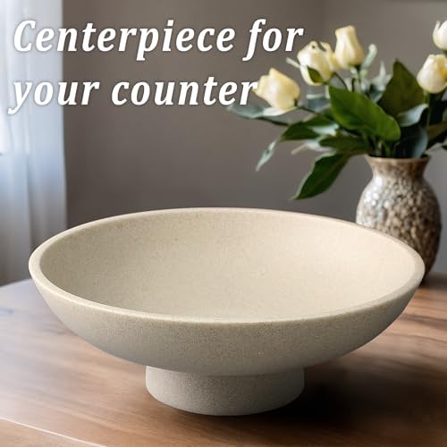 LIN CHUAN Modern Resin Pedestal Bowl – Large Fruit Bowl for Kitchen Counter, Catch All Bowl for Entryway Table, Stylish Key Bowl & Dining Centerpiece, Beige - Image 2