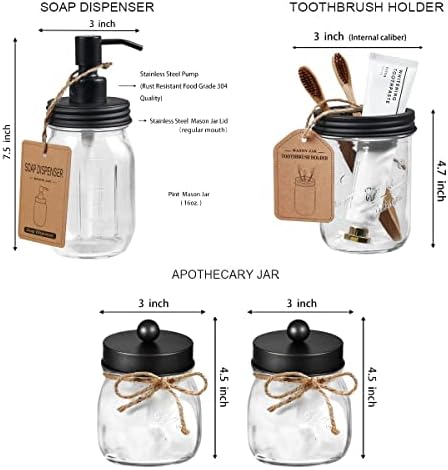 Amolliar Mason Jar Bathroom Accessories Set, 4Pcs Glass Bathroom Set, Black - Image 5