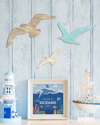 Putuo Decor 3pcs Wood Seagull Wall Decor Wooden Beach Wall Decor Coastal Theme Wall Art Seagull Wall Sculpture Sea Birds Lake House Ocean Decor Vintage Ornaments For Home Bathroom - Image 4