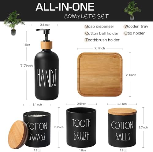 Matte Black Bathroom Accessories Set, 5 Pcs Glass Bathroom Accessory Set with Bamboo Tray, Soap Dispenser and Toothbrush Holder Set, Qtip Holder Set, Farmhouse Boho Bathroom Set Complete - Image 2