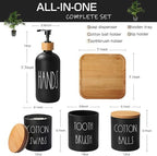 Matte Black Bathroom Accessories Set, 5 Pcs Glass Bathroom Accessory Set with Bamboo Tray, Soap Dispenser and Toothbrush Holder Set, Qtip Holder Set, Farmhouse Boho Bathroom Set Complete - Image 2