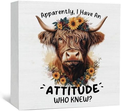 Highland Cow Sign, Farm Cottagecore Animal Office Kitchen Bedroom Decor, Apparently I Have an Attitude Who Knew Wooden Box Signs, Apparently Highland Cow Gifts for Women Men 5x5 in by Nitelat