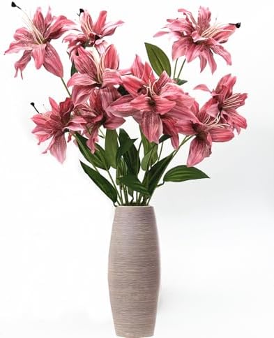 Artificial Lily Flowers, Vintage Silk Flower Long Stems Stargazer Lilies Full Bloom Lily Faux Plant Tiger Bouquets for Home Decor Indoor Hotel Wedding Party Fake Floral Arrangement - Coral Pink 4 Pack - Image 2