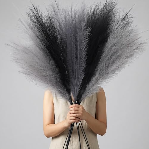Faux Pampas Grass Decor, 9 PCS 37''/3.1FT Tall Fluffy Black Gray Fake Pompas Floral, Large Artificial Pompous Grass Branches for Floor Vase Fillers, Boho Farmhouse Room Wedding Decor by QUBITFUL