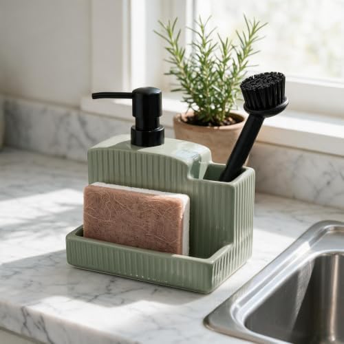 RQYIXI 3-in-1 Ceramic Square Soap Dispenser with Sponge Holder,Green,18 Oz - Image 5