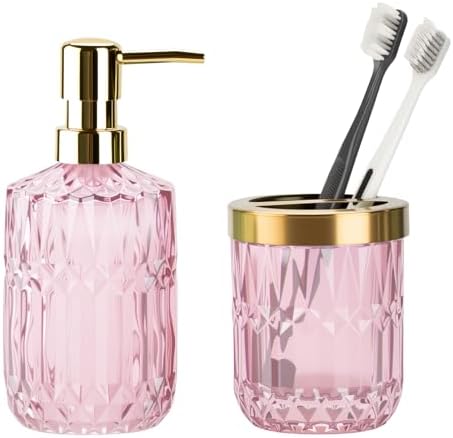 RRM Glass Bathroom Toothbrush Holder and Soap Dispenser Set, Pink by RRM