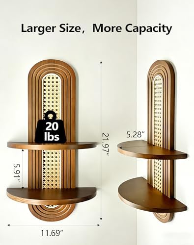 Floating Shelves for Wall,Boho Home Wall Decor,2-Tier Rattan Plant Shelf,Mid Century Hanging Small Decorative Shelf,Natural Wood Shelves for Living Room,Bedroom,House,Office,1-Pack (Walnut) - Image 2