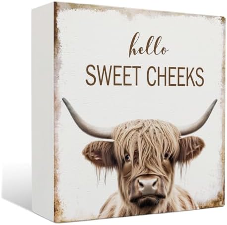 Highland Cow Bathroom Decor - Hello Sweet Cheeks Bathroom Decor, Rustic Highland Cow Western Wood Sign, 8 X 8 Inches by Unknown