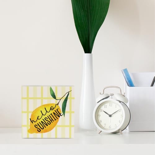 IYEZH Lemon Decor Farmhouse Lemon Wooden Box Sign Rustic Country Hello Sunshine Lemon Box Sign Wood Sign Decor Summer Square Wood Sign Home Kitchen Desk Tabletop Shelf Decor 5 x 5 - Image 3