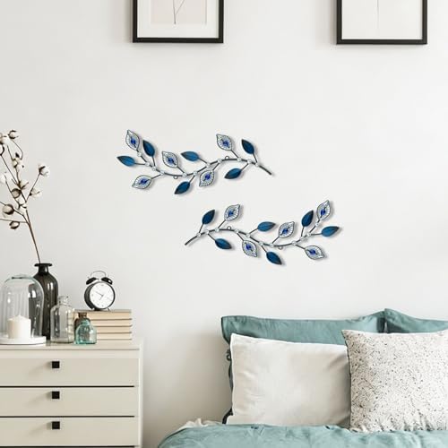 sxnzequnze 2 Set Metal Tree Leaf Wall Art for Home Decor Living Room Bedroom Dining Room Bling Rhinestone, 3D, Iron Branch Hanging Leaf Sculpture Art Pieces -Navy blue 16.5in*6.7in - Image 7