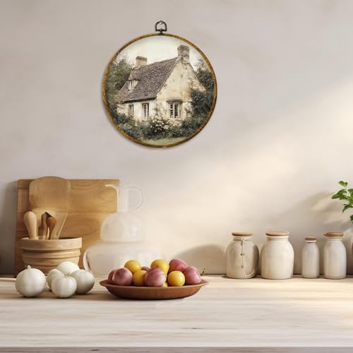 CUANFDDSF Vintage Rustic Countryside Round Wall Art, Retro Farmhouse Framed Hanging Wall Decor, Cottagecore Antique Country Landscape Canvas Prints Decorations for Home Bedroom Living Room, 10x10 Inch - Image 5