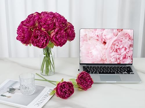 SITUMEIZI 2 Bouquet 10 Heads Artificial Peony Silk Flower Leaf Home Office Wedding Party Festival Bar Decor(Burdungy) - Image 3