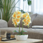 Large Artificial Orchid Arrangement in Oval Ribbed Ceramic Pot, Yellow - Image 3