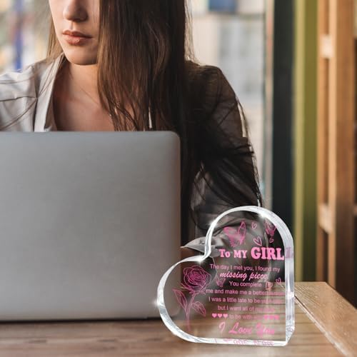 Love Heart Shaped Acrylic for Women, Pink Romantic "For My Girl" Decorative Gift, Anniversary Valentine's Day Gift, Couple Desk Decoration, Valentines Day Office Desk Accessories Decoration 4x4 Inch - Image 3