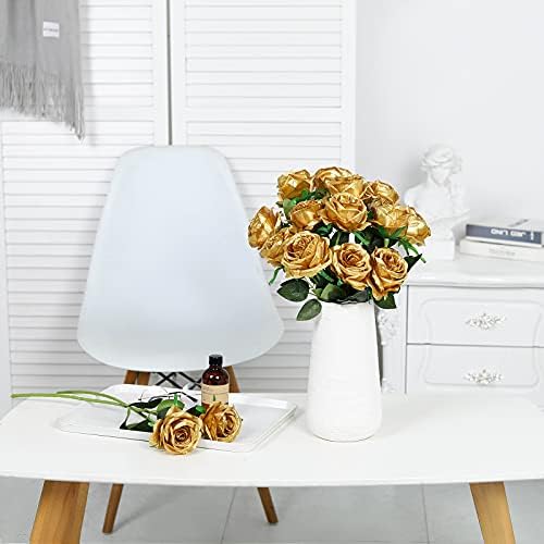 10pcs Gold Roses Artificial Flowers, Realistic Faux Rose with Long Stem - Image 6