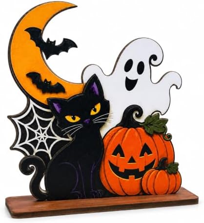 Halloween Wooden Tabletop Decoration, Cute Ghost Pumpkin Black Cat Decor, Spooky Fall Shelf Sign for Home Mantel Desk Office and Halloween Party by LHHKMT