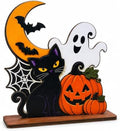 Halloween Wooden Tabletop Decoration, Cute Ghost Pumpkin Black Cat Decor, Spooky Fall Shelf Sign for Home Mantel Desk Office and Halloween Party by LHHKMT