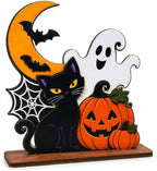 Halloween Wooden Tabletop Decoration, Cute Ghost Pumpkin Black Cat Decor, Spooky Fall Shelf Sign for Home Mantel Desk Office and Halloween Party by LHHKMT