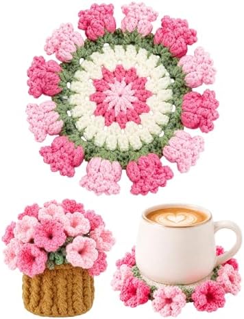 Crochet Flower Bouquet Coasters, Cotton Tulip Gifts for Home Decor 1Pc by KQJS