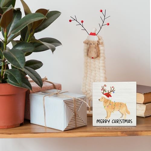 Golden Retriever Merry Christmas Wooden Box Sign Desk Decor, Gifts for Golden Retriever Lovers, Christmas Dog Wood Block Sign for Home Office Desk Table Shelf Wall Decorations, 5x5 Inch - Image 2
