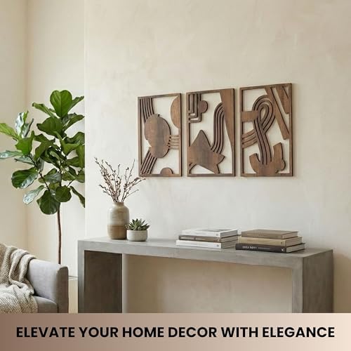 qmmp Modern Wooden Wall Sculptures - Set of 3 - Home Decor Accent - Large Wall Art for Living Room, Bedroom, Office - Easy Installation (Walnut, Medium - Abstract Shapes) - Image 3