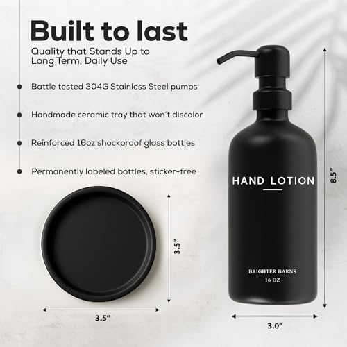 Black Glass Lotion Dispenser with Pump by Brighter Barns - Hand Lotion Dispenser Bathroom Set & Tray - Modern Bathroom Decor in Apartment Rental Properties, Guest House, Hotel Lobby, Spa, Gift (Black) - Image 3