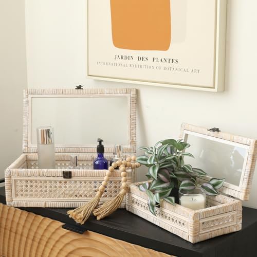 Set of 2 Rattan and Cane Stacking Boxes ,12" and 14", White Wash - Image 4