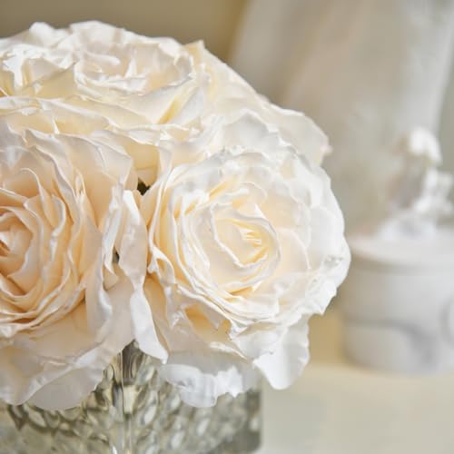Silk Roses in Glass Vase with LED, Low Centerpiece for Table, Cream - Image 5