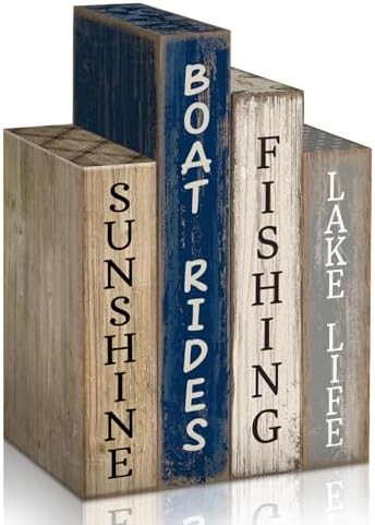 Lineshading 4 Pcs Summer Lake House Decor Stacked Wooden Book Block Signs by Lineshading