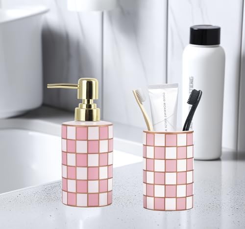 Bathroom Toothbrush Holder Set, Ceramic Checkered Soap Dispenser and Tooth Brush Holder Set, Modern Bathroom Accessories Sets Countertop, Black and White Checkered Bathroom Decor Set (Pink) - Image 7