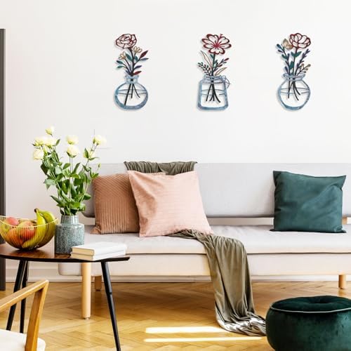 ARTINME 3 Pieces Metal Flowers Wall Art - 6.2X 11.4 Inch Colorful Iron Floral Wall Decor for Home Indoor Outdoor Decoration - Housewarming Gifts (Blue) - Image 3