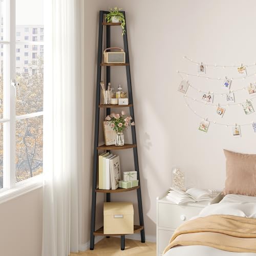 Hoctieon Corner Shelf, 6-Tier Corner Bookshelf, Rustic Ladder Shelf, Industrial Display Stand for Living Room, Kitchen, Home Office, Balcony, Small Space, Metal Frame, Rustic Brown - Image 6