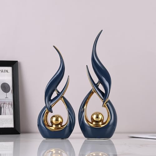 2 PCS Blue Gold Ceramic Statues For Home Decor Accents, Modern Abstract Art Sculptures, Elegant Tabletop Decorative Objects For Dining Room, Entryway, Tv Stand, Mantel, Coffee Table Centerpieces - Image 6