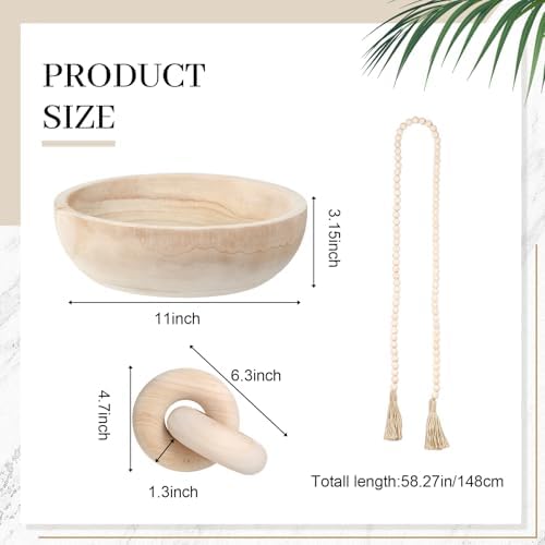 Novabright Farmhouse Wooden Bowl Set with Chain Beads, Natural - Image 2