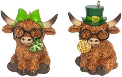 St Patricks Day Highland Cow Figurines Decor, Highland Cow Statue with Leprechaun's Gold Coins and Shamrock, St. Patrick's Day Gifts Resin Hanging Ornaments Statue for Party Home Table Decoration by YeehaWhoo