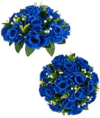 BLOSMON Blue Flowers Artificial for Decoration: 2 Pcs Fake Roses Flower Balls Centerpiece for Wedding Table - Silk Kissing Bouquet with Base Floral Arrangement for Home Party Event Decor by Blosmon