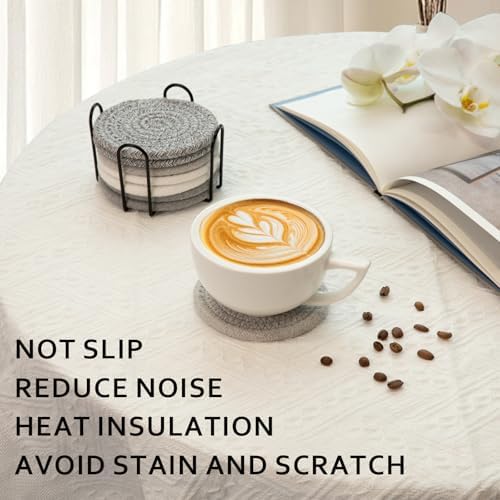 OIAHOMY 8 Pcs Coasters with Holder for Beer, Coffee, Woven Cotton Coaster Set for Table Decor for Kitchen, Bar, Dining Room, Living Room, Housewarming Gifts - Grey - Image 7