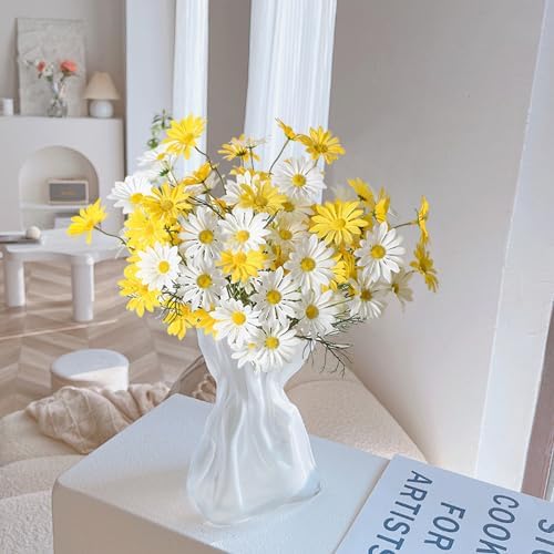 Artificial Daisy Flowers 12Pcs Artificial Flowers Silk Daisies with Stems Real Look for Home Wedding Garden Vase Decor (White+Yellow) - Image 6
