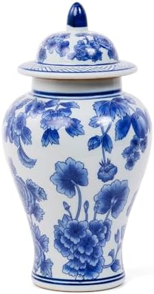 11″ Blue & White Ginger Jar with Lid Classic Peony Home Decor Aesthetic by ChangSong