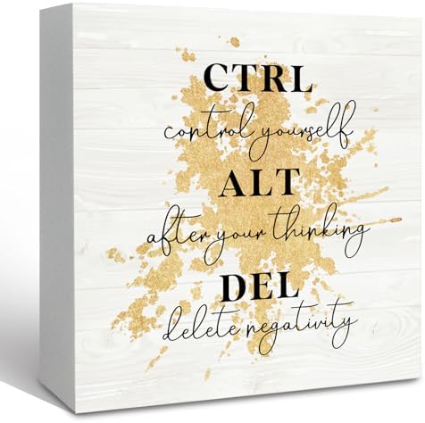 Ctrl Alt Del Office Motivational Gold Wooden Box Sign Desk Decor, Inspirational Decorative Signs for Office and Bedroom, Positive Home Shelf Desk Decoration 5x5 Inch by HFXHANGD