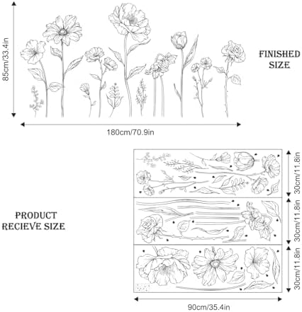 Large Black Boho Flower Wall Decals, 3 Sheets Simple Sketch Floral Wall Stickers Peony Wildflower Peel Stick Wall Art Decor Bedroom Home Room Office Garden Hall Adult Gifts for Mom(11.8x35.4 in/Sheet) - Image 3
