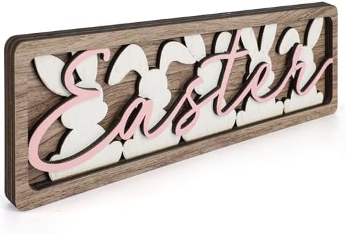Vintage Happy Easter Decorations for Office, Home, Table, Mantel, Shelf, Desk, 3 1/2 x 11 Inch Retro Bunny Sign, Wooden Spring Bunnies Decor Sign, Farmhouse Pink Decoration (Vintage Bunnies) by COCHIE