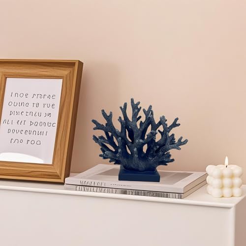 5.8" H Dark Blue Coral Decor - Resin Coral Statue, Nautical Decor for Home, Bedroom, Bathroom, Living Room, Ocean Themed Cabinet Shelf Tabletop Decoration - Image 2