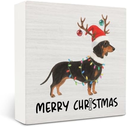 Dachshund Merry Christmas Wooden Box Sign Desk Decor, Weiner Dog Lover Gifts, Christmas Sausage Dog Wood Block Sign for Home Bedroom Office Desk Table Shelf Wall Decorations, 5x5 Inch by OVAcational